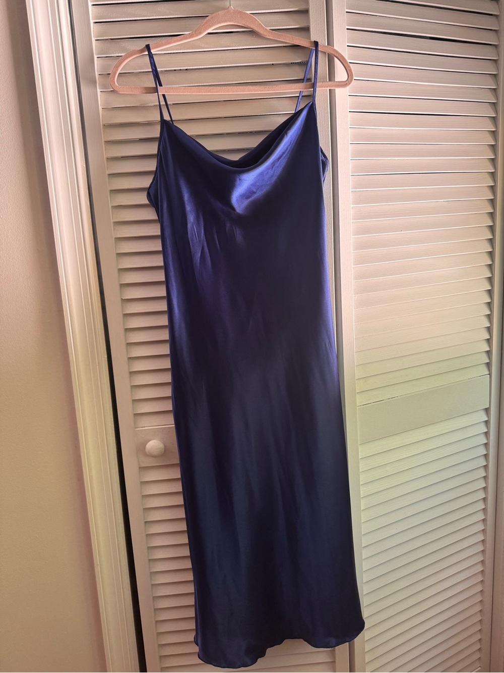 NWT Bebe Satin Cowl Neck Slip Midi Dress Navy Blue Medium